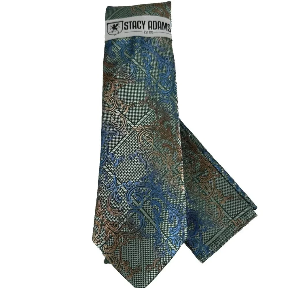 Stacy Adams Men Tie Hanky Green Melon Cobalt Blue Microfiber Handmade 3.25